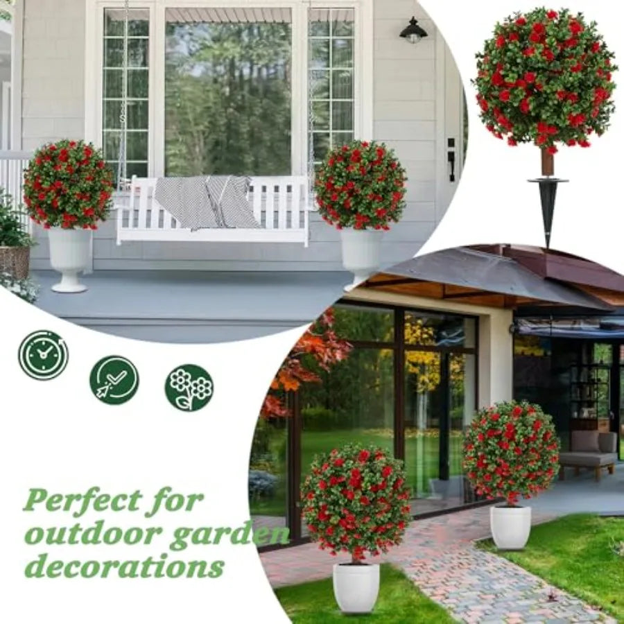 2 Pack 23.6 Artificial Flowering Topiary Tree Realistic Fake Plants with Ground Spike UV Resistant for Outdoor Indoor Porch Gar
