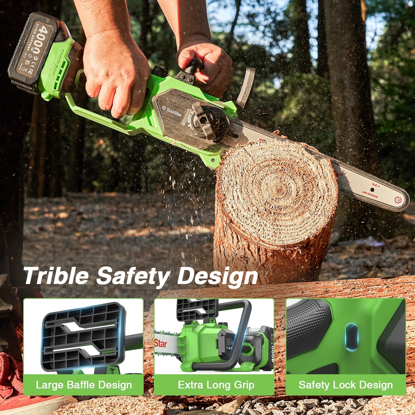 TaskStar 12-inch Brushless Electric Chainsaw Woodworking Cutting Garden Tool Cordless Electric Saw with 2 Rechargeable Batteries