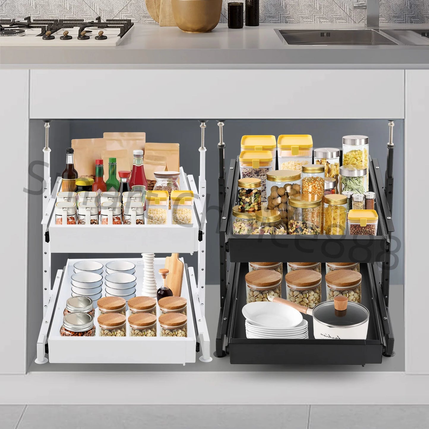 Pull-Out Pantry Organizer Multi-Tier Under Sink Sliding Cabinet Basket for Spices Utensil Organizer Blank/White