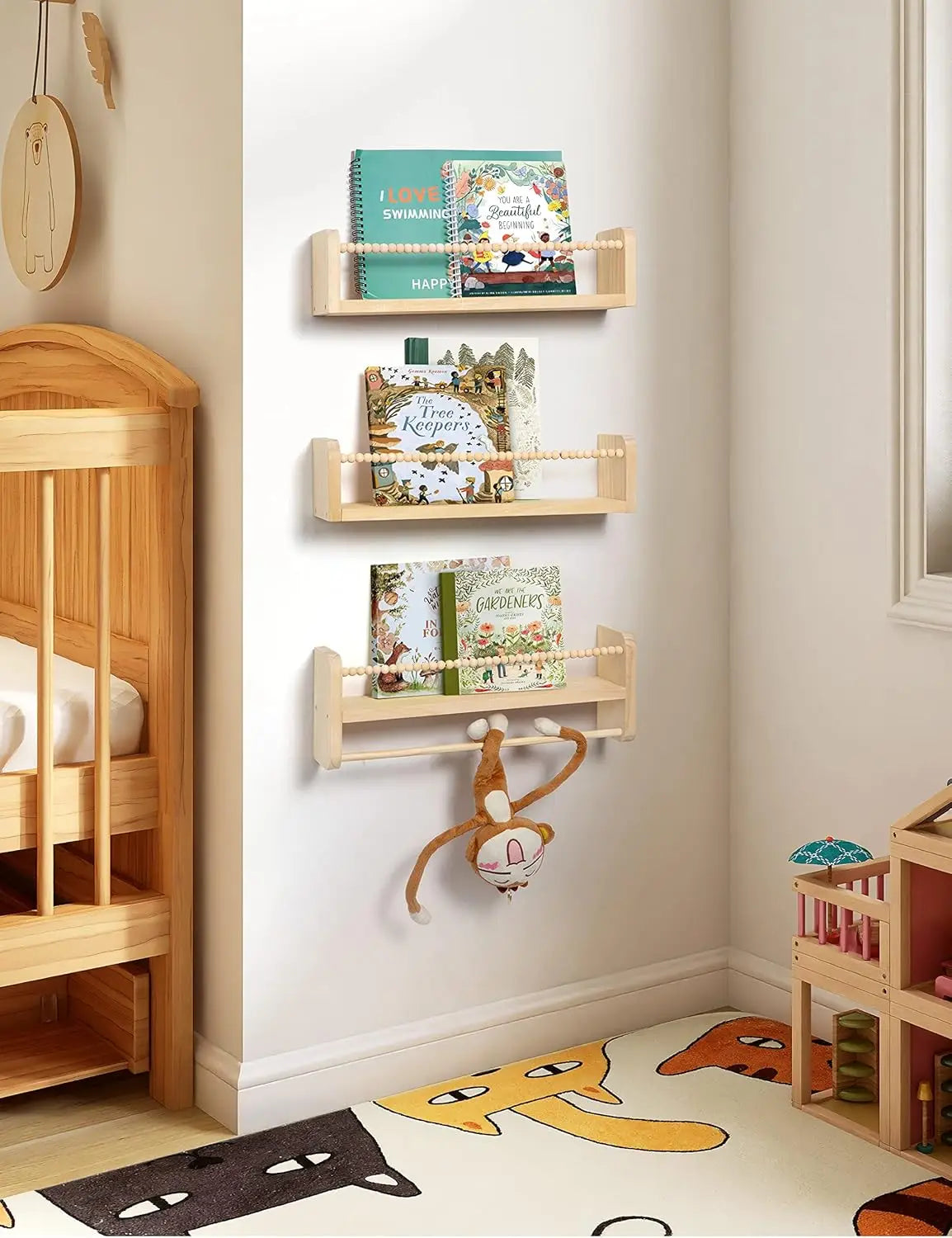 Set of 3 Natural Wood Floating Shelves with Towel Bar for Kids Room, Bedroom, and Kitchen Storage