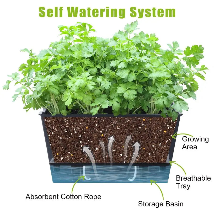 Box Planter 6 Pcs, 12.1 Inches Self Watering Plant Pots Rectangle Flower Pots with Drainage Holes and Breathable Trays, Vegetabl