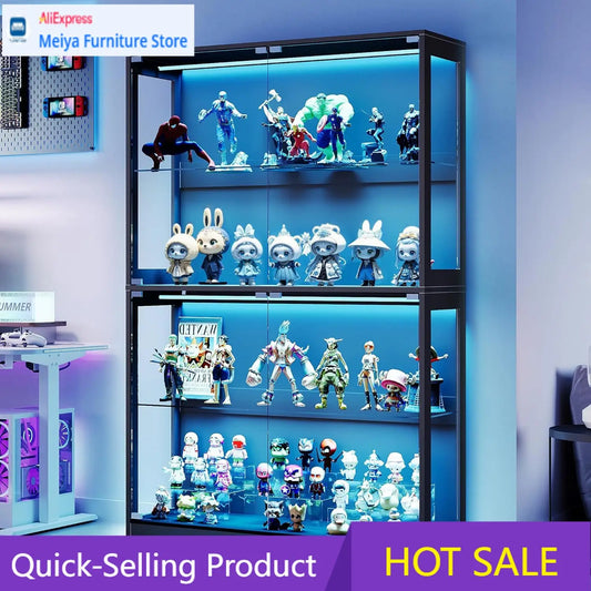 70 Inch High 45 Inch Wide 16 Inch Deep Black 4 Tier RGB LED Lighted Glass Door Display Cabinet With Adjustable Shelves