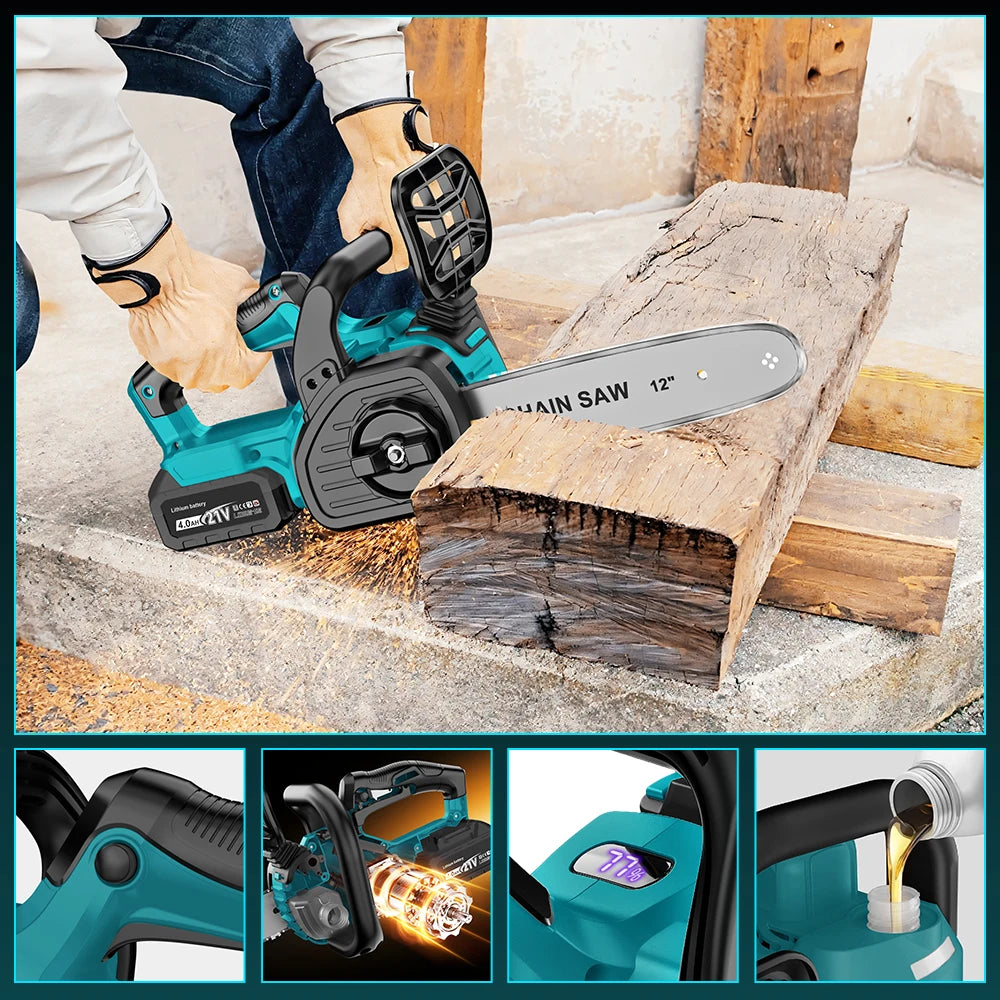 YEARTOP 12 Inch Brushless Electric Chainsaw LED Display Cordless Garden Woodworking Chain Saw Power Tool For Makita 18V Battery