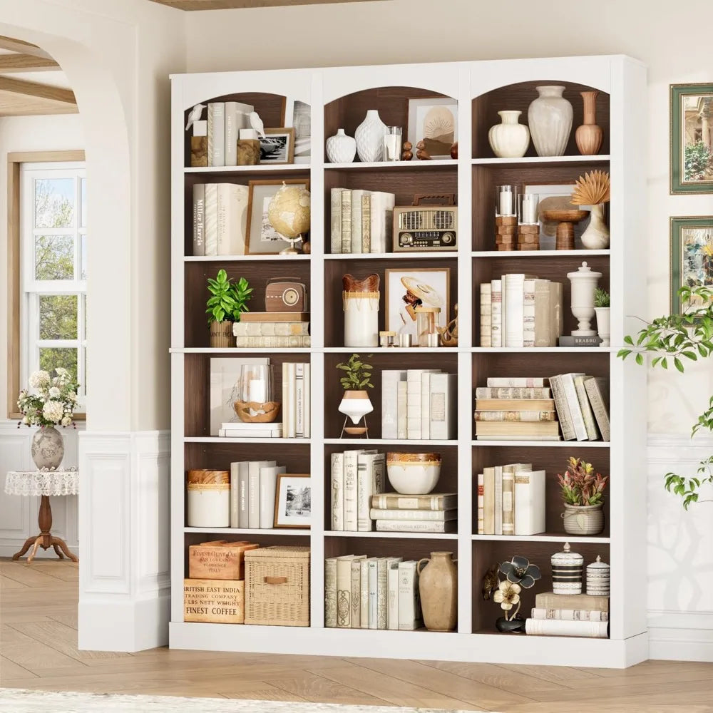 71" Triple Wide Bookshelf, 6 Tier Tall Bookcase with Curved Baffle, 18 Open Shelves for Living Room, Study