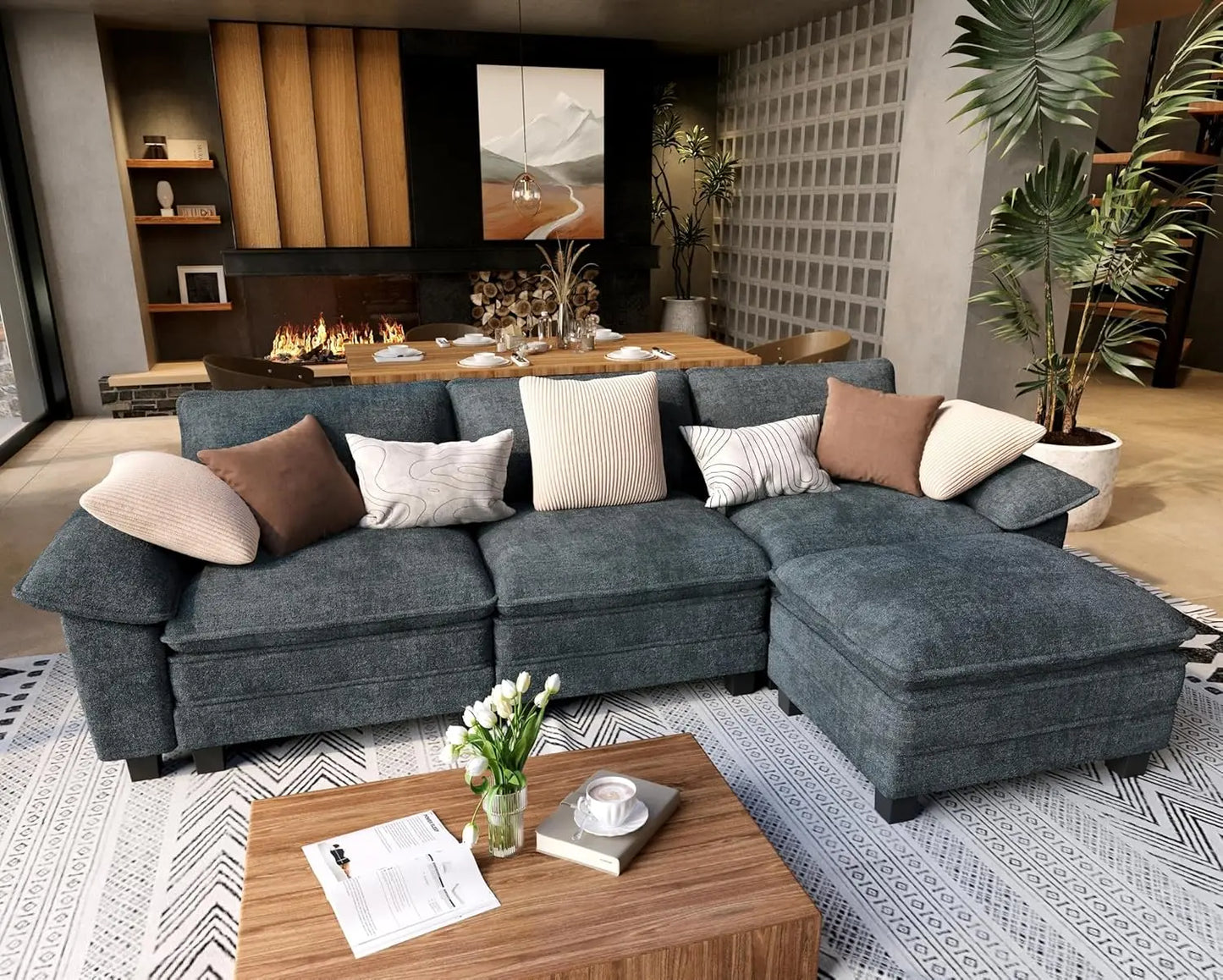 L Shaped Modular Cloud Couch, 123.6'' Comfy Chenille Sectional Sofa with Wider Armrest and Ottoman, Upholstered, Customized