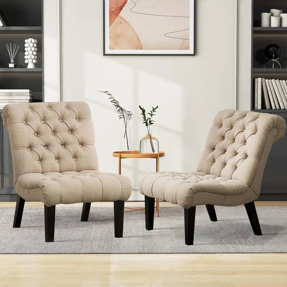 2-Piece Living Room Set: Upholstered Accent Chair and Reclining Sofa with Wooden Legs in Khaki