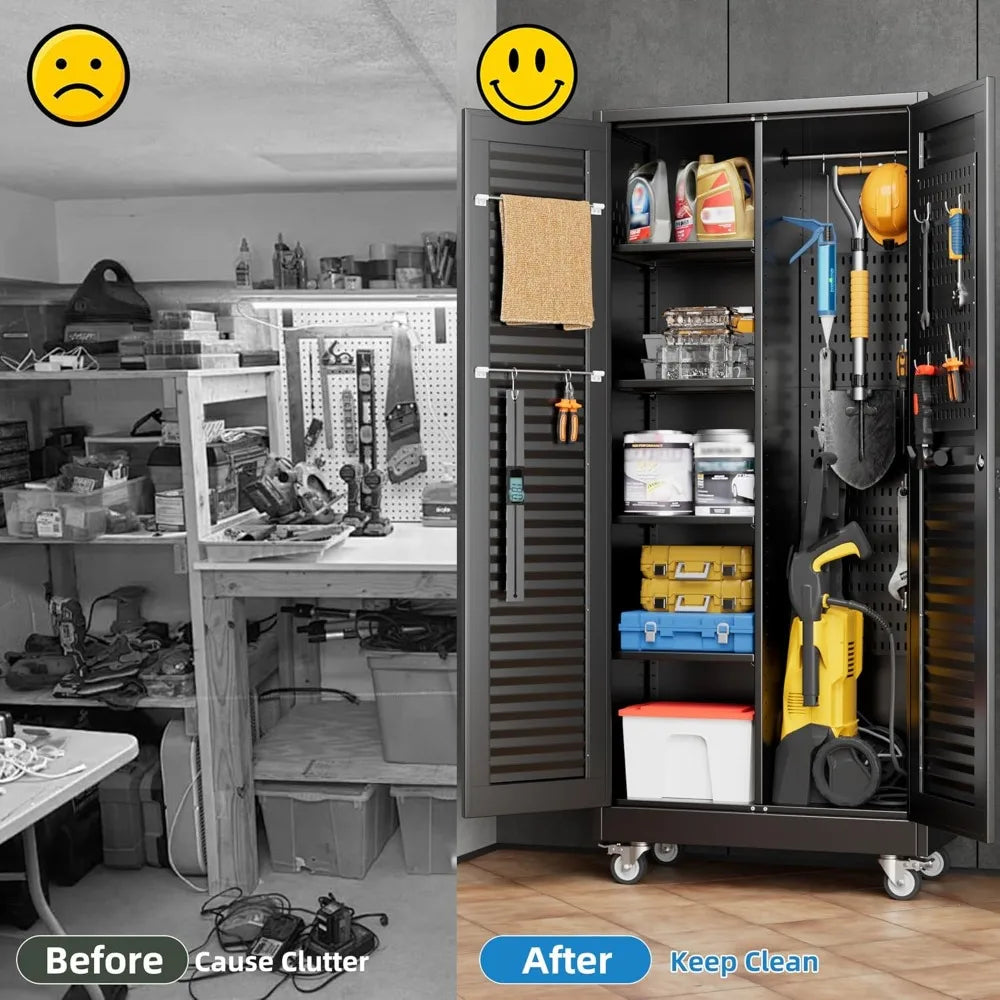 Lockable Metal Storage Cabinet with 4 Adjuatable Shelves,Garage Storage Cabinet with Wheels and 5 Remove, Customized