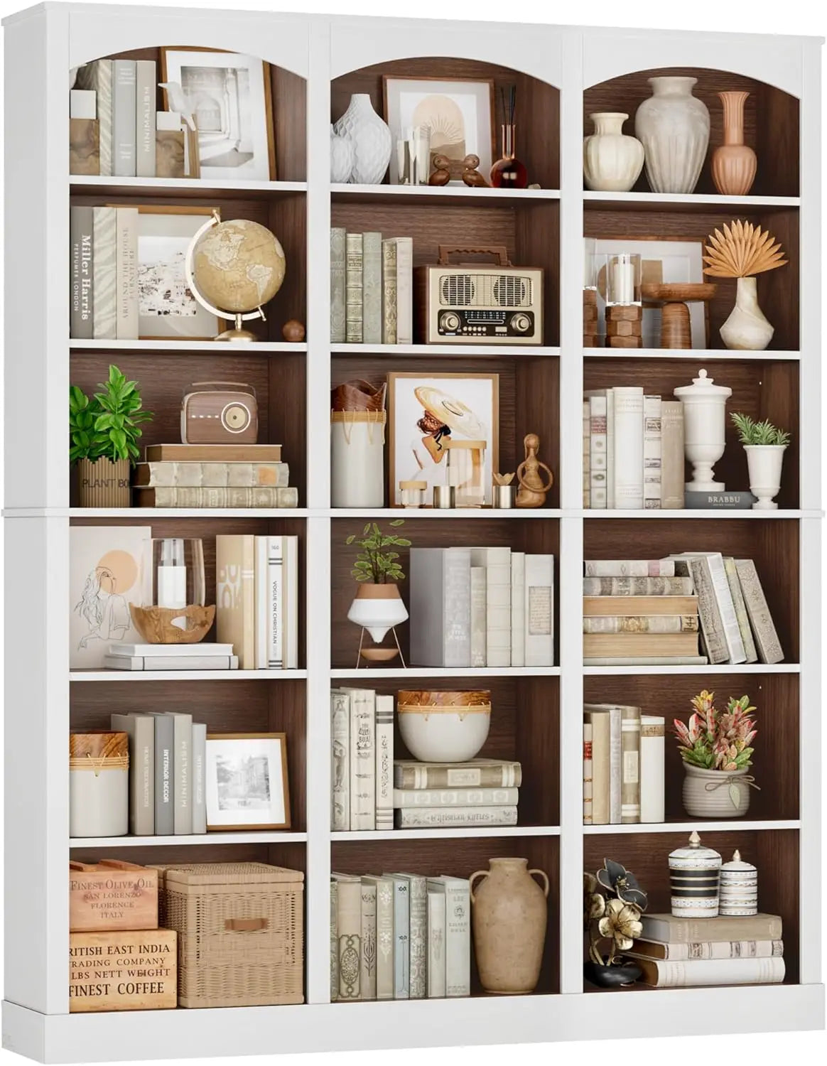 71" Triple Wide Bookshelf, 6 Tier Tall Bookcase with Curved Baffle, 18 Open Shelves for Living Room, Study