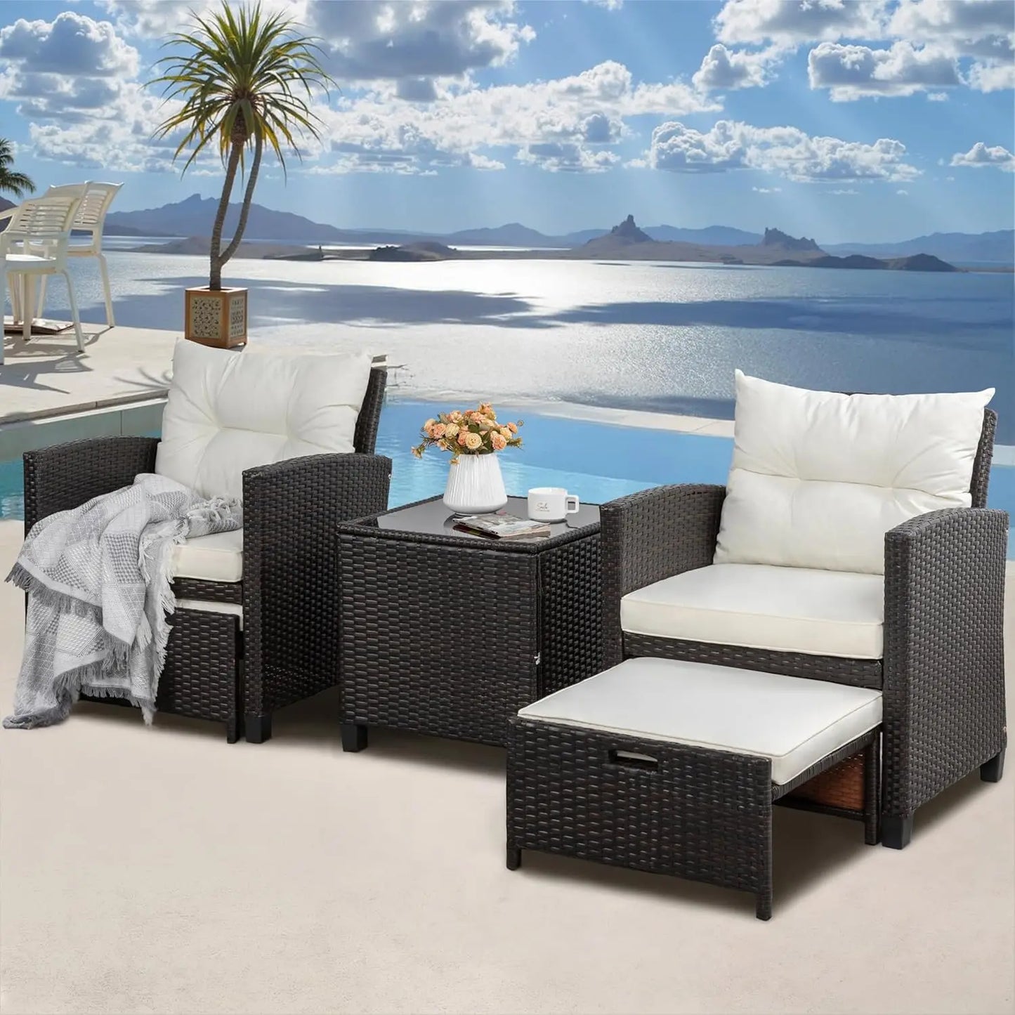 5pc Patio Set Wicker Conversation Ottoman All Weather Rattan Chairs Table Cushion Porch Garden Backyard, Customized