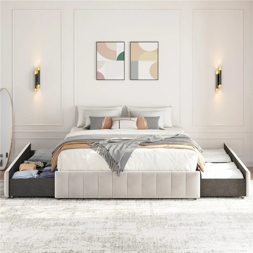 Bed with Underbed 4 Storage Drawers, Large Storage Space，Full/Queen