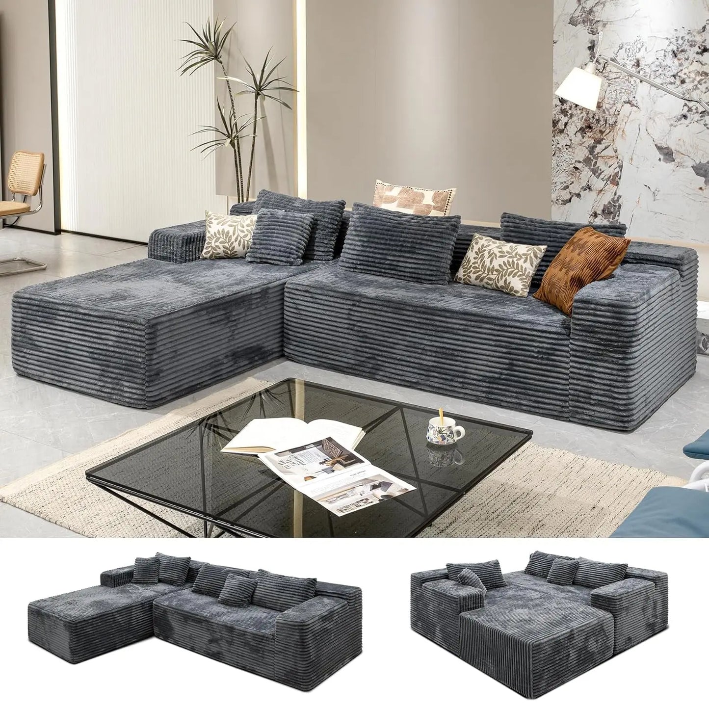 Sectional couches for Living Room Corduroy Couch, 104" Cloud Sectional Couch with L-Shape Chaise, Modern Modular, Customized