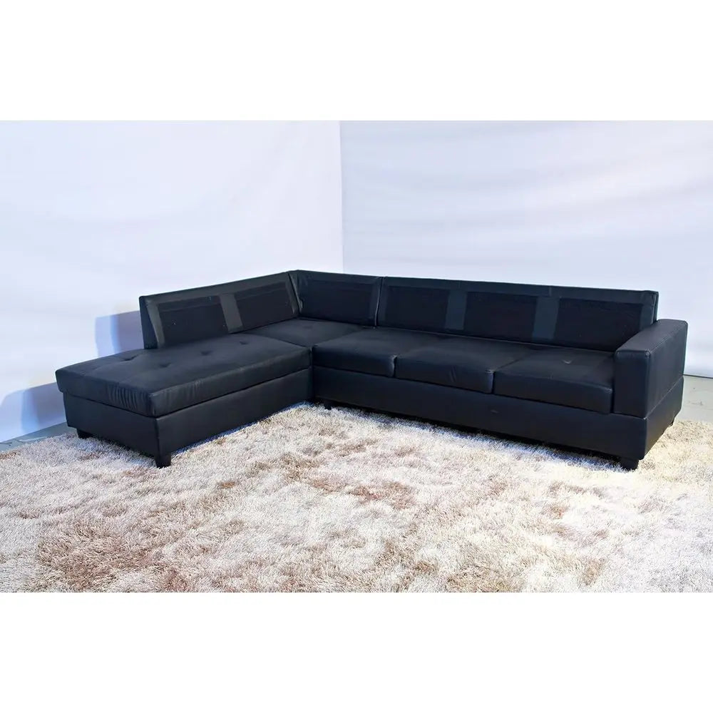 Sectional Sofa Set with Ottoman in Black Leather Style