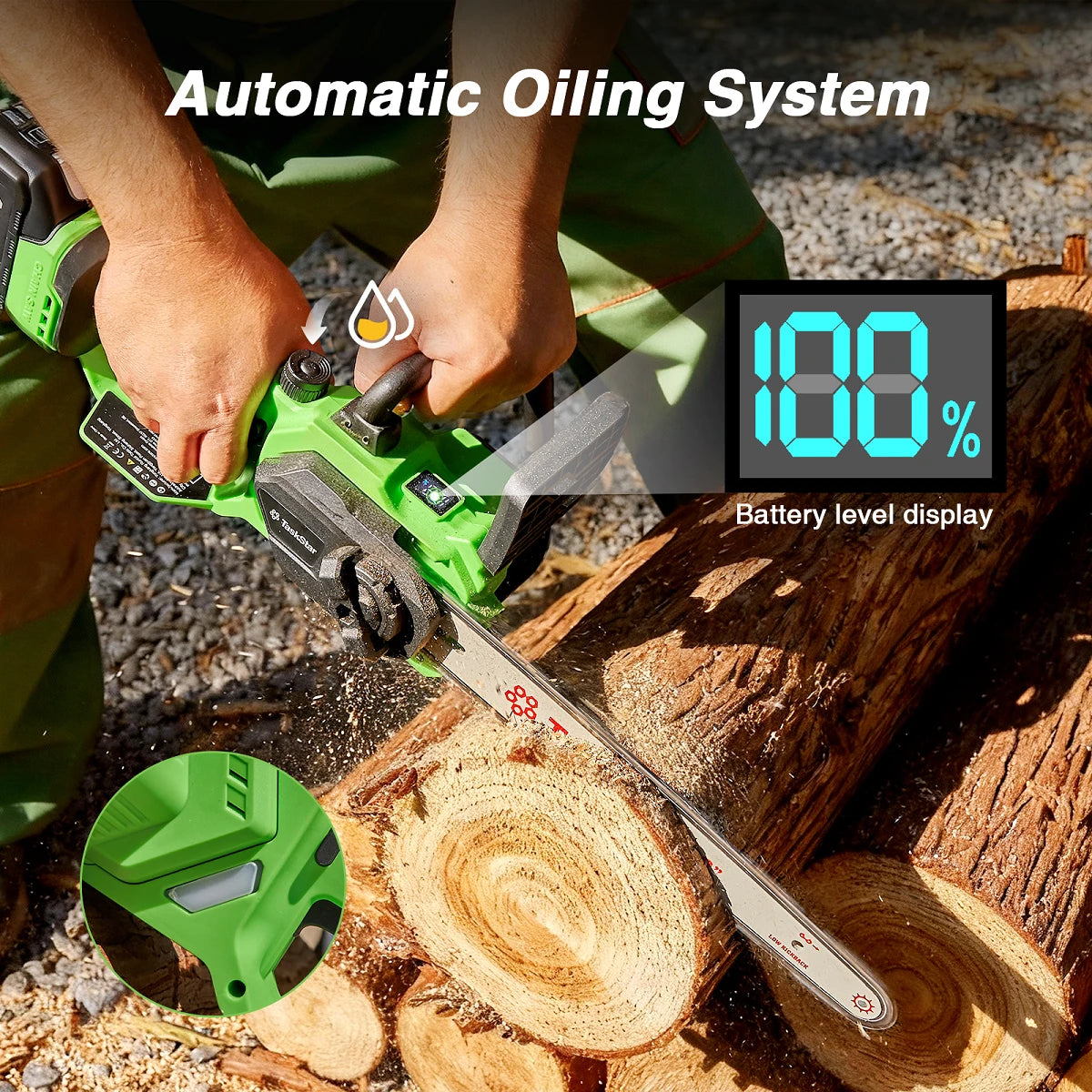 TaskStar 12-inch Brushless Electric Chainsaw Woodworking Cutting Garden Tool Cordless Electric Saw with 2 Rechargeable Batteries