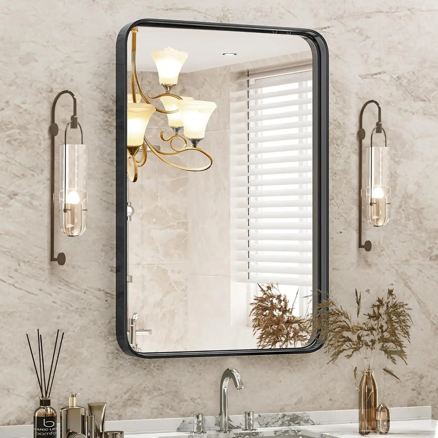 Black Metal Framed Vanity Mirror, Rounded Rectangle Bathroom Wall Mirror for Over Sink, 30x22 Inch Matte Large Modern Decorative