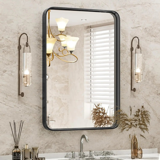 Black Metal Framed Vanity Mirror, Rounded Rectangle Bathroom Wall Mirror for Over Sink, 30x22 Inch Matte Large Modern Decorative