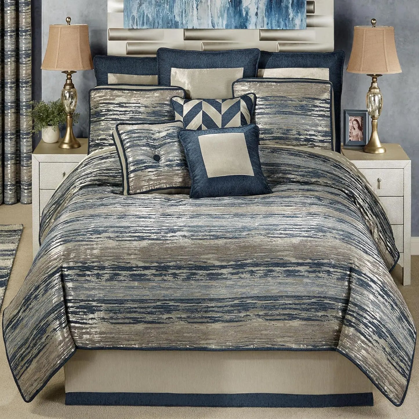 Spellbound Modern Luxury Bedding | Chic Metallic, Cool, & Neutral Hues | Chenille Abstract Striated Designs | 4, Customized
