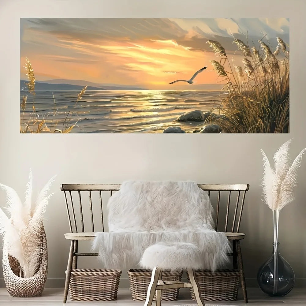 Sunset Beach Art canvas printed seascape painting, interior decorative painting poster, 1.5 inch thick pine solid wood frame
