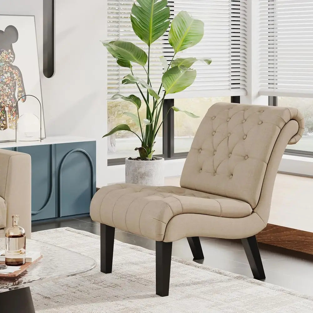 2-Piece Living Room Set: Upholstered Accent Chair and Reclining Sofa with Wooden Legs in Khaki