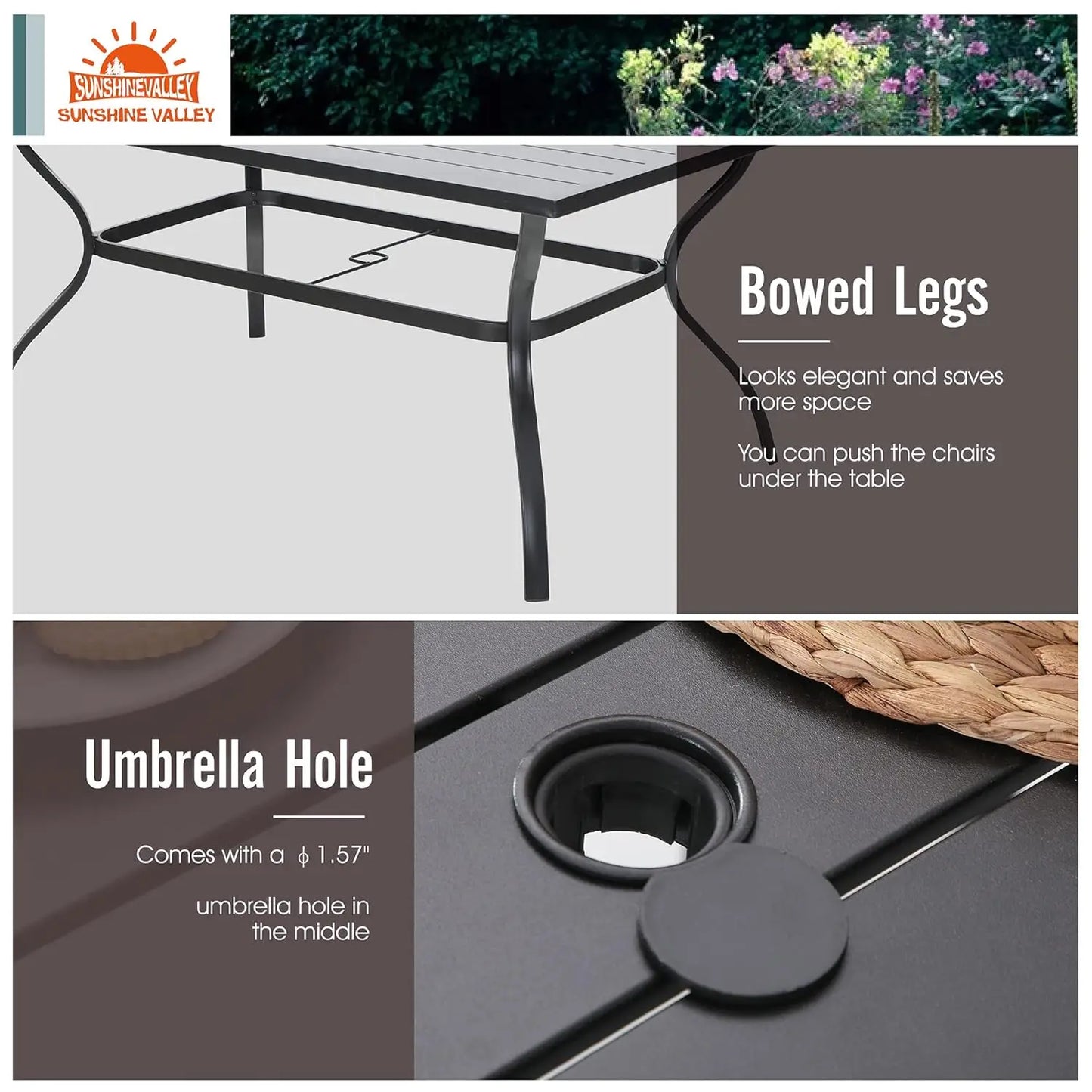 Sunshine Valle Patio Dining Set for 6, 60x38 Outdoor Table and Chairs Set with Umbrella Hole, 2 Leg Chairs, 2, Customized