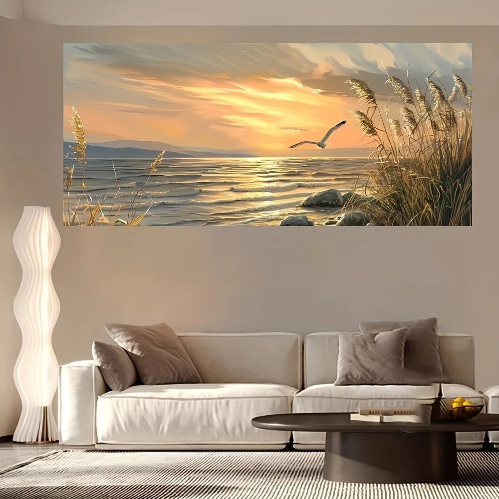 Sunset Beach Art canvas printed seascape painting, interior decorative painting poster, 1.5 inch thick pine solid wood frame