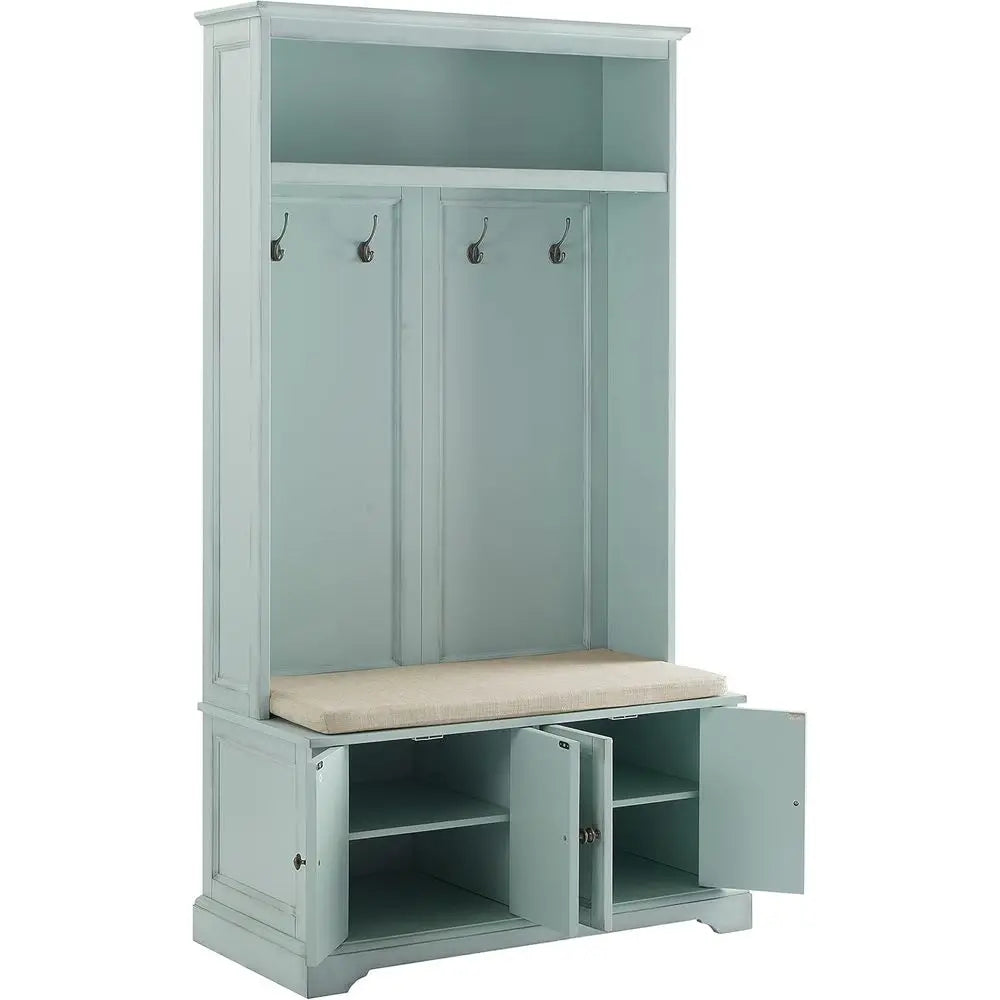 Holbrook Hall Tree with Shoe Rack Bench and Coat Hooks or Hanging Storage, Distred Seaoam Blue