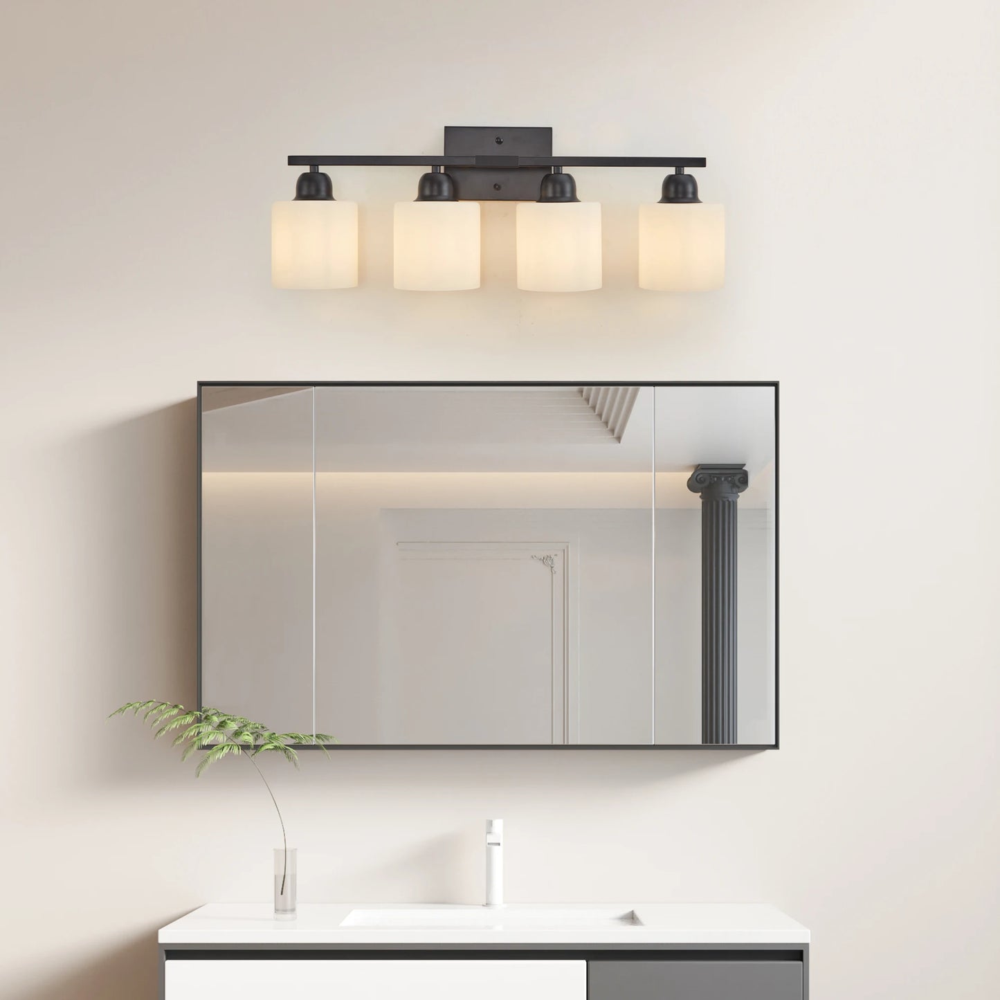 4-Light Bathroom Light Fixtures Over Mirror, Modern Matte Black Vanity Lights with White Frosted Glass Shade for Mirror Bedroom