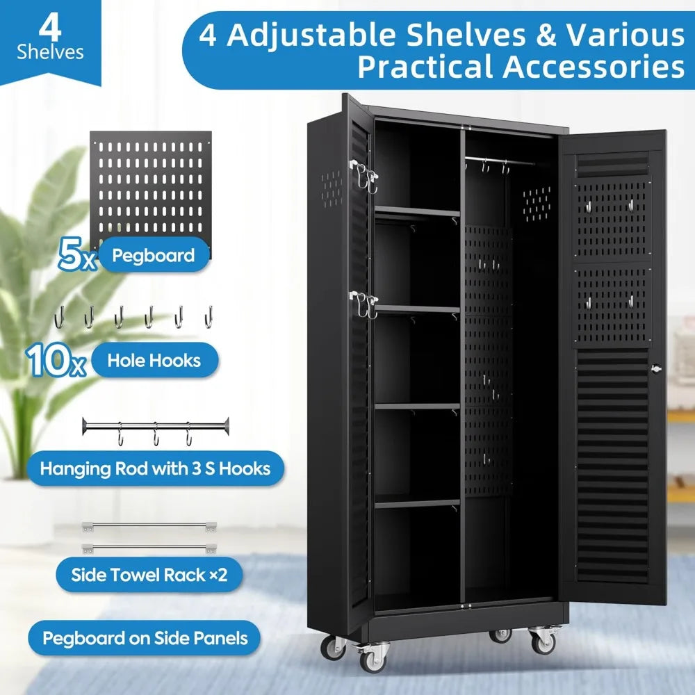 Lockable Metal Storage Cabinet with 4 Adjuatable Shelves,Garage Storage Cabinet with Wheels and 5 Remove, Customized