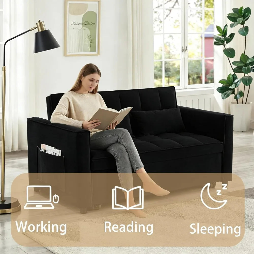 70" 3-in-1 Velvet Sleeper Sofa Bed, Convertible Pull Out Couch w/Adjustable Back & Storage, Black Futon for Small Space