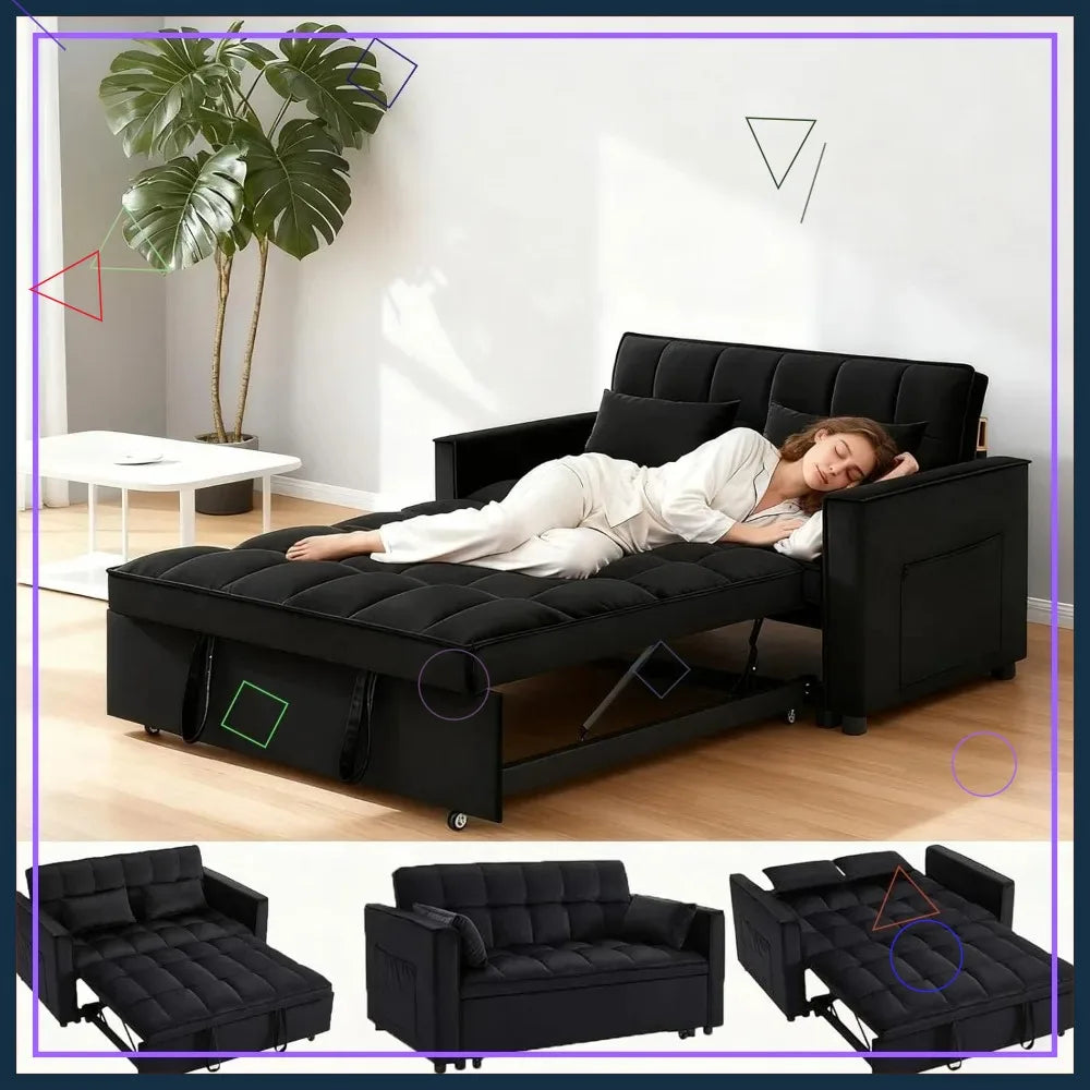 70" 3-in-1 Velvet Sleeper Sofa Bed, Convertible Pull Out Couch w/Adjustable Back & Storage, Black Futon for Small Space