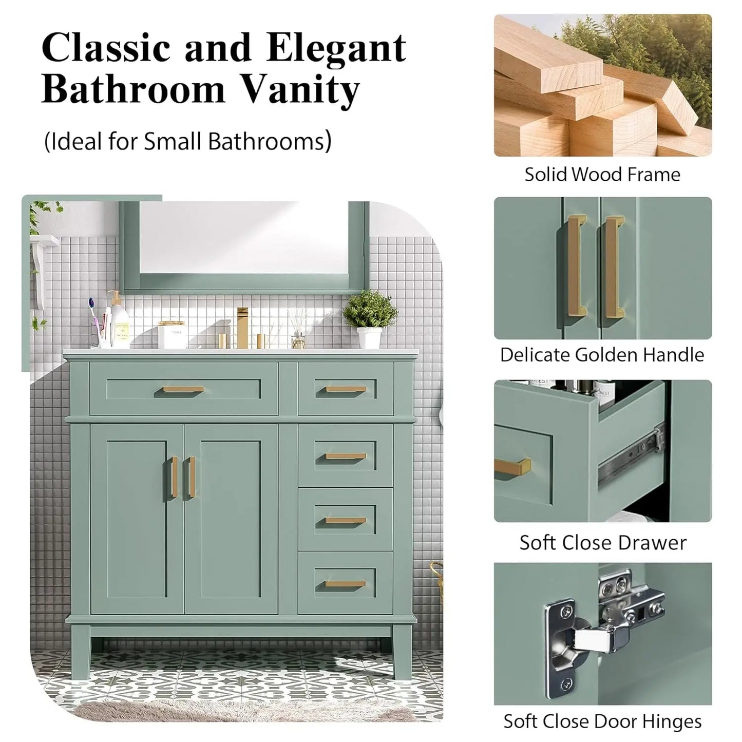 36 inch Bathroom Vanity with Sink, Modern Wood Bathroom Cabinet in Green, Bathroom Vanity Set with Tip-Out Drawer,, Customized