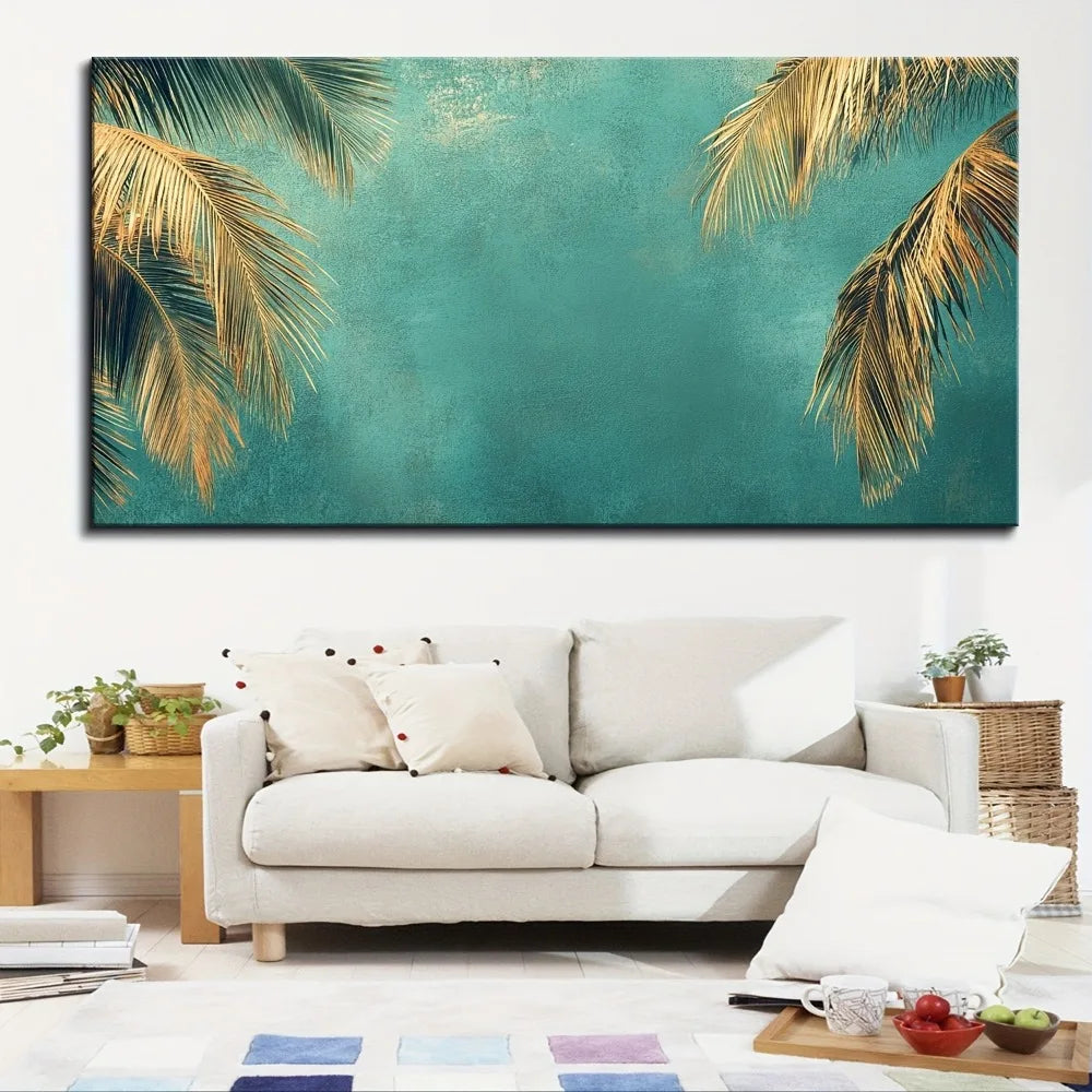 1.5 inch thick pine solid wood frame, mural oil painting, golden ocean beach palm tree, sunset landscape coconut tree