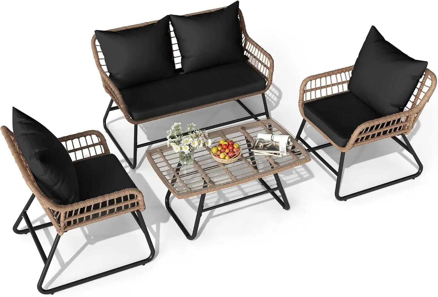 Outdoor Patio Conversation Set 4 Pieces, Wicker Furniture with Soft Cushion & Coffee Table, Rattan Bistro Set Patio Set Chairs
