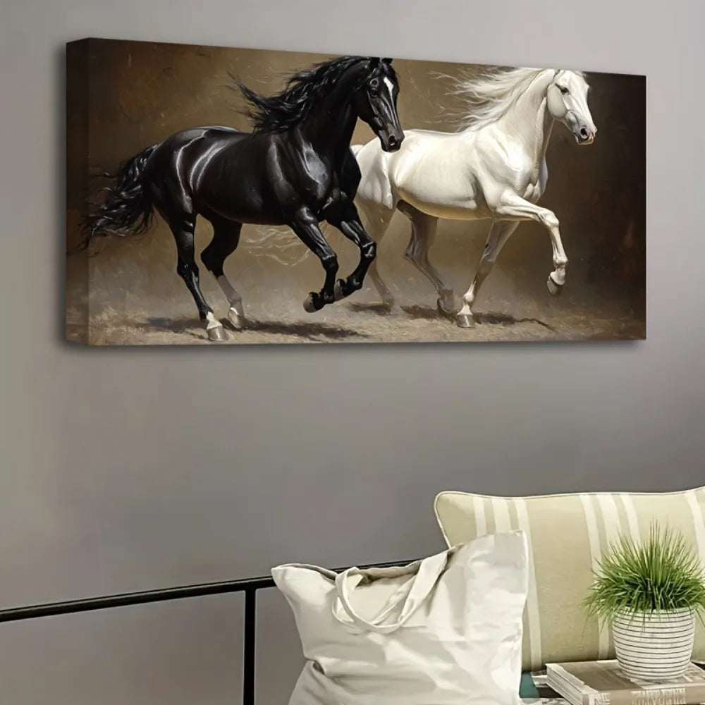 1 animal running horse canvas painting Canvas wall art Home decoration poster print art, 1.5 inch thick pine solid wood frame
