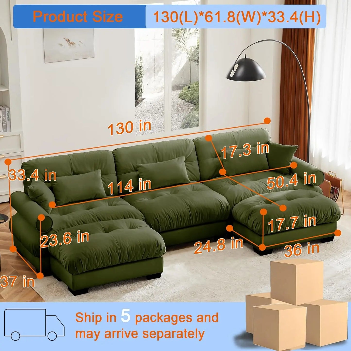 130" U Shaped Modular Sectional Sofa with Ottoman Deep Seat Velvet Oversized Living Room Furniture, Customized