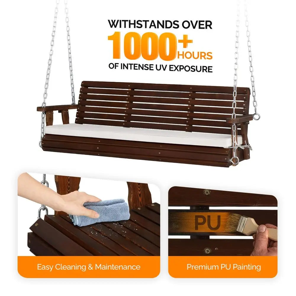 Wooden Porch Swing, Heavy Duty 880 LBS Hanging Patio Bench with Extra Cushion for Lawn Garden Courtyard Rustic, 5 feet