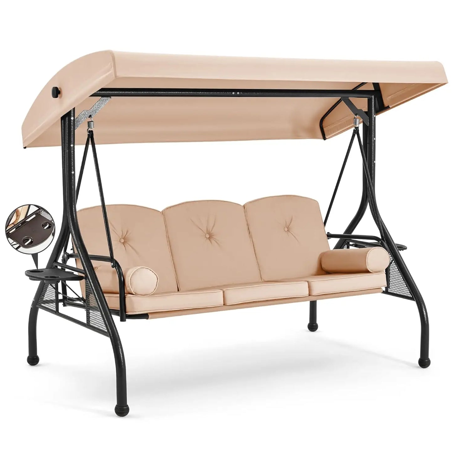 3 Seat Outdoor Porch Swing Bed Adjustable Canopy Convertible Patio Glider Cup Holder Cushions Pillow Backyard Customized