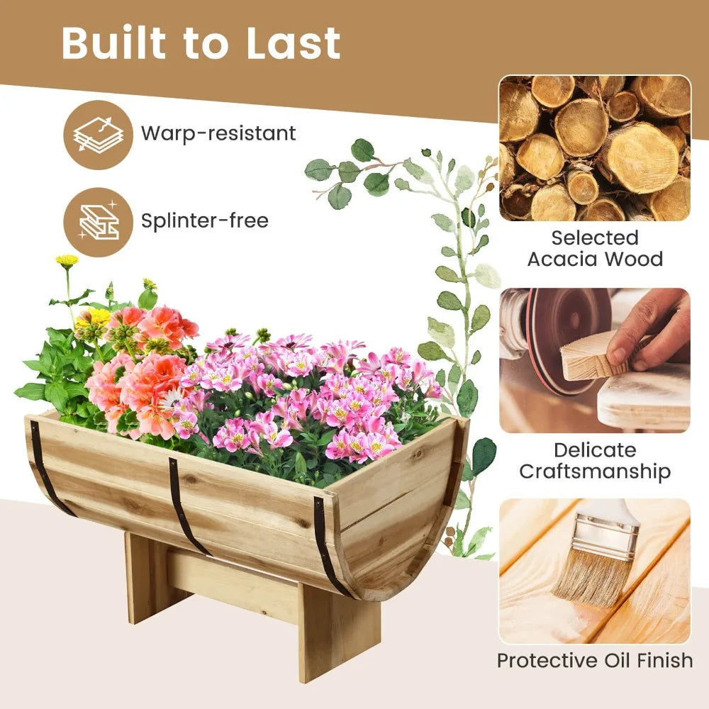 Outdoor Wooden Planter Solid Acacia Wood Half-Barrel Planter Box w/ Legs