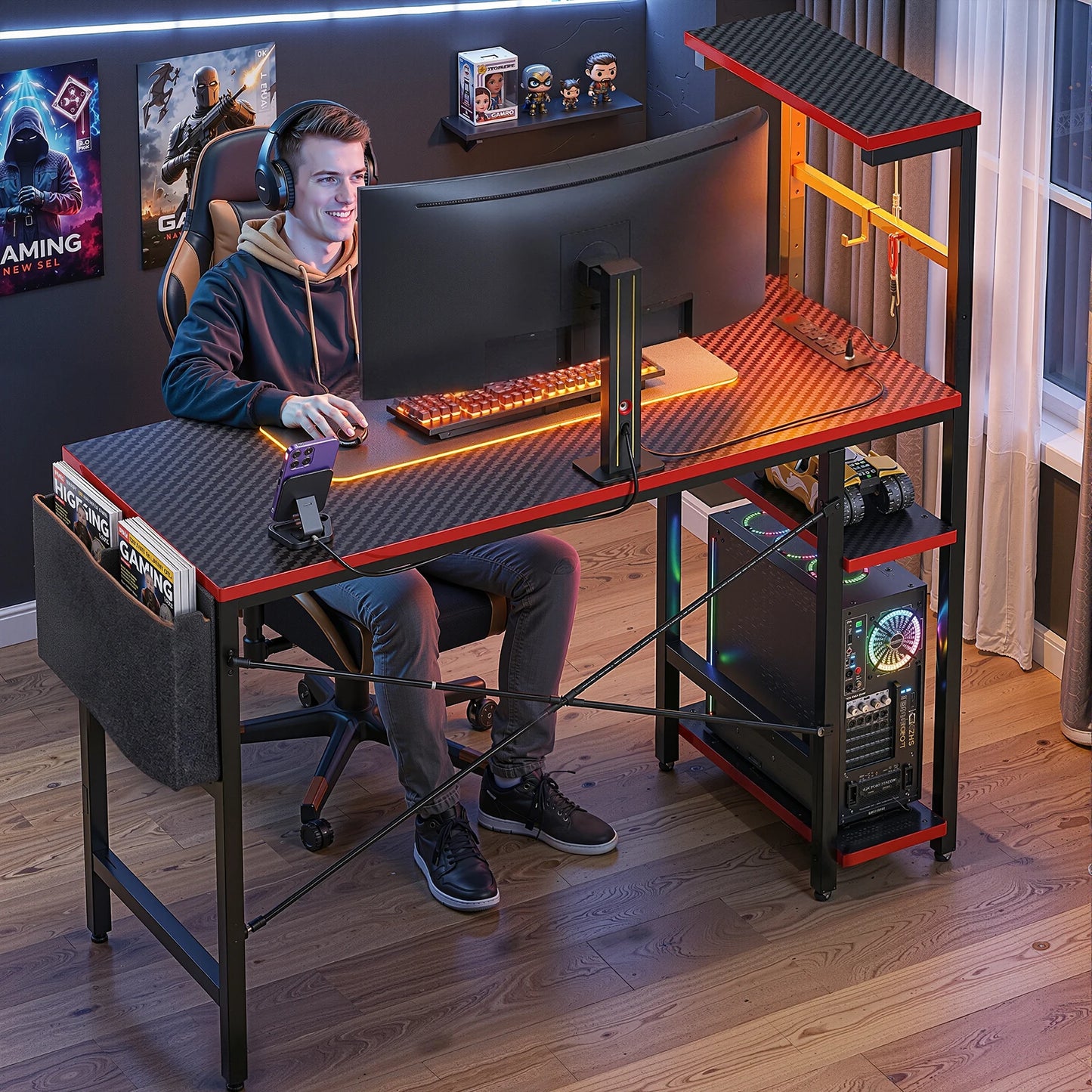 NOST&HOST 44 Inch LED Gaming Computer Desk for Small Spaces, Home Office Desk with Reversible Shelves & Side Bag, Black 3D Carbon Fiber