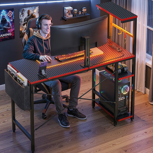 NOST&HOST 44 Inch LED Gaming Computer Desk for Small Spaces, Home Office Desk with Reversible Shelves & Side Bag, Black 3D Carbon Fiber