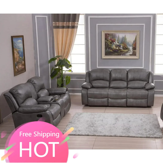 Best Seller Hot sales2PC Leather Air Reclining Sofa Loveseat Set Living Room Set 8018 Multiple Colors (Gray)