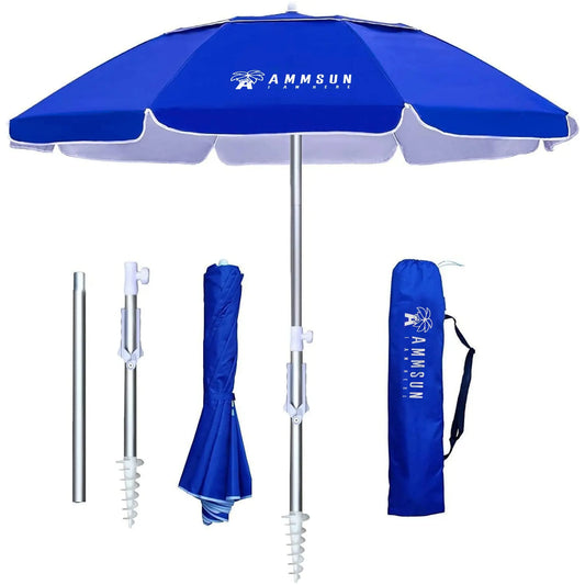 6.5ft Portable Beach Umbrella Twice Folded with Sand Anchor Windproof UPF 50+ Push Button Tilt for Patio Pool Backyard Blue