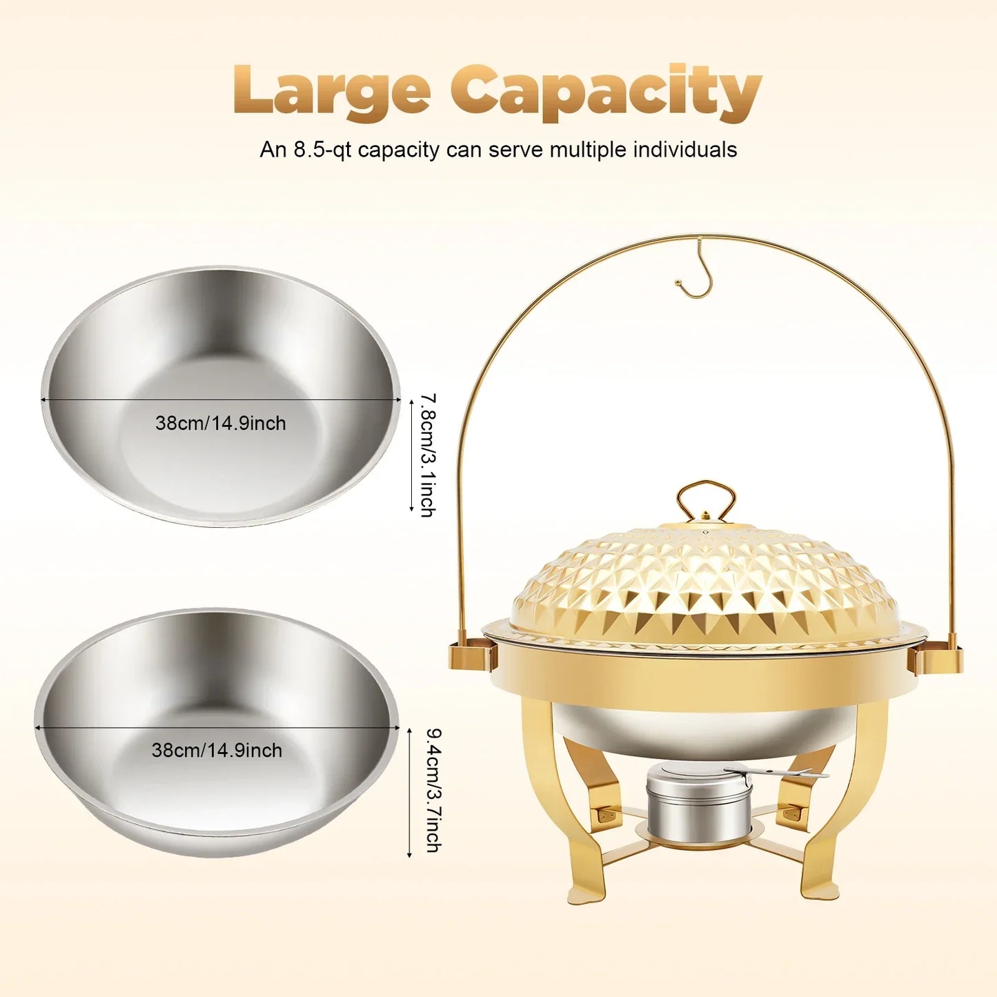 8.5Qt /8L Chafing Dishes for Buffet Stainless Steel Round Buffet Chafer, Gold Hanging Lid Dining Stove, Buffet Server