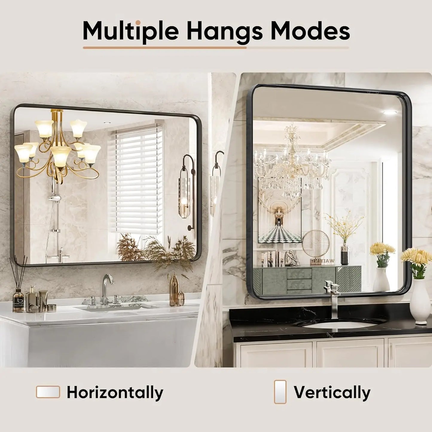 Black Metal Framed Vanity Mirror, Rounded Rectangle Bathroom Wall Mirror for Over Sink, 30x22 Inch Matte Large Modern Decorative