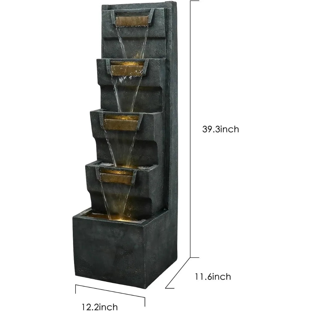 Modern 4-Tier Cascading Fountain with LED Lights - 39.3 Tall Outdoor/Indoor Water Feature for Garden
