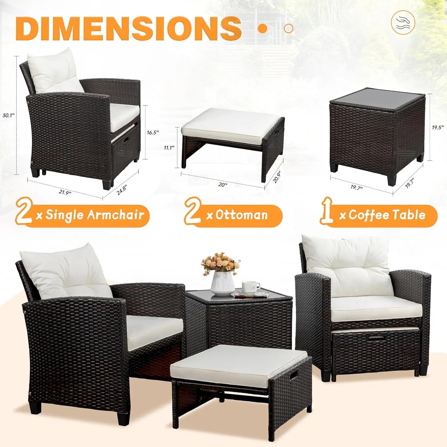 5pc Patio Set Wicker Conversation Ottoman All Weather Rattan Chairs Table Cushion Porch Garden Backyard, Customized