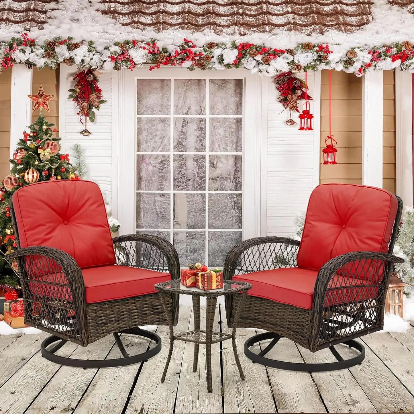3 Pieces Outdoor Swivel Rocker Patio Chairs, with Glass Coffee Table, 360 Degree Rocking Patio Conversation Set