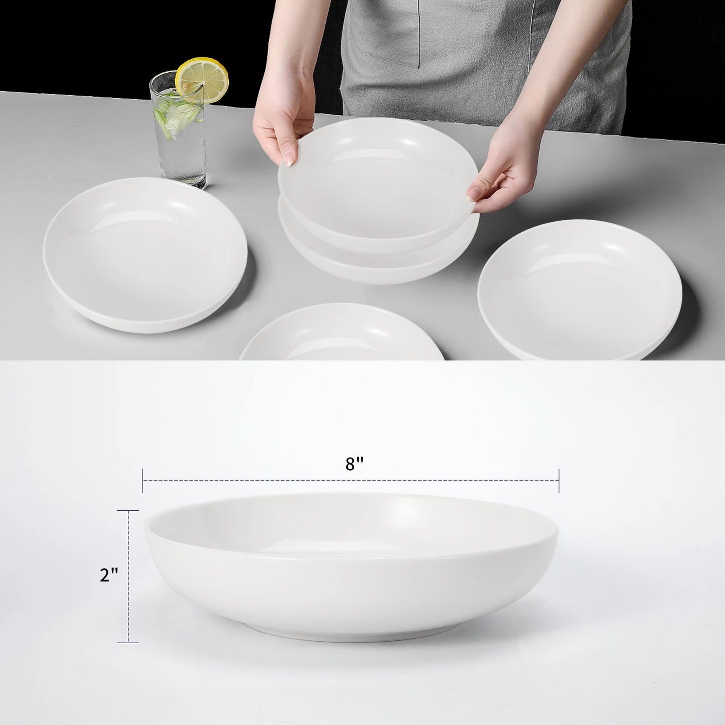 Pasta Bowls, 6 Pack 8 Inch Salad Bowl Set, Kitchen Porcelain Pasta Plates, Large Ceramic Shallow Bowls for Serving Dinner Noodle