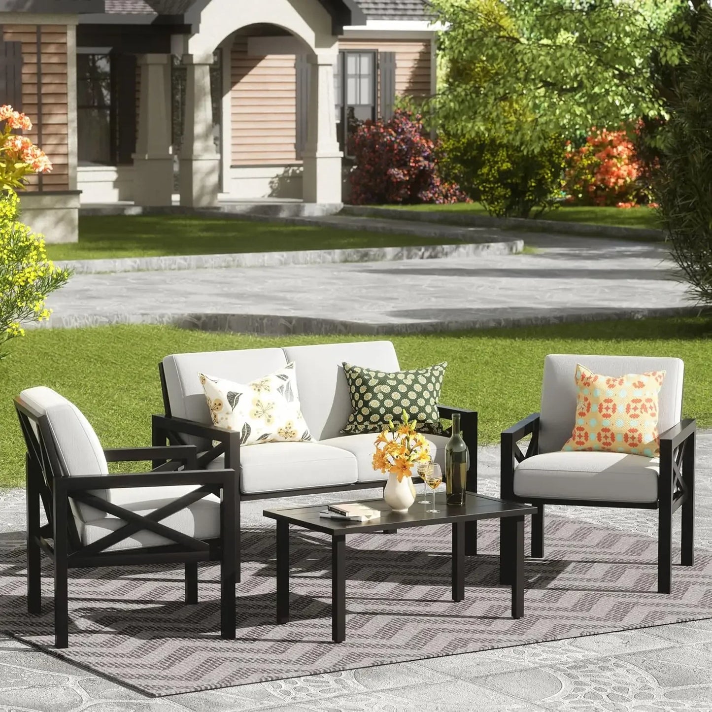 Outdoor Patio Furniture 4 Pieces Set, Outdoor Sectional  Sofa with 5.5 Inch Cushion and Coffee Table, Patio Conversation Sets