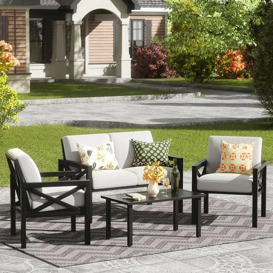 Outdoor Patio Furniture 4 Pieces Set, Outdoor Sectional  Sofa with 5.5 Inch Cushion and Coffee Table, Patio Conversation Sets