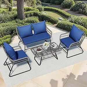 Outdoor Patio Conversation Set 4 Pieces, Wicker Furniture with Soft Cushion & Coffee Table, Rattan Bistro Set Patio Set Chairs